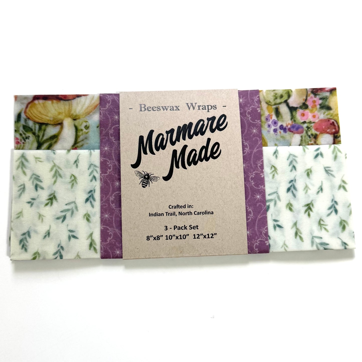 3 Pack Beeswax Wraps | Reusable Food Wraps | "Mushroom: Flower Field purple” pattern.