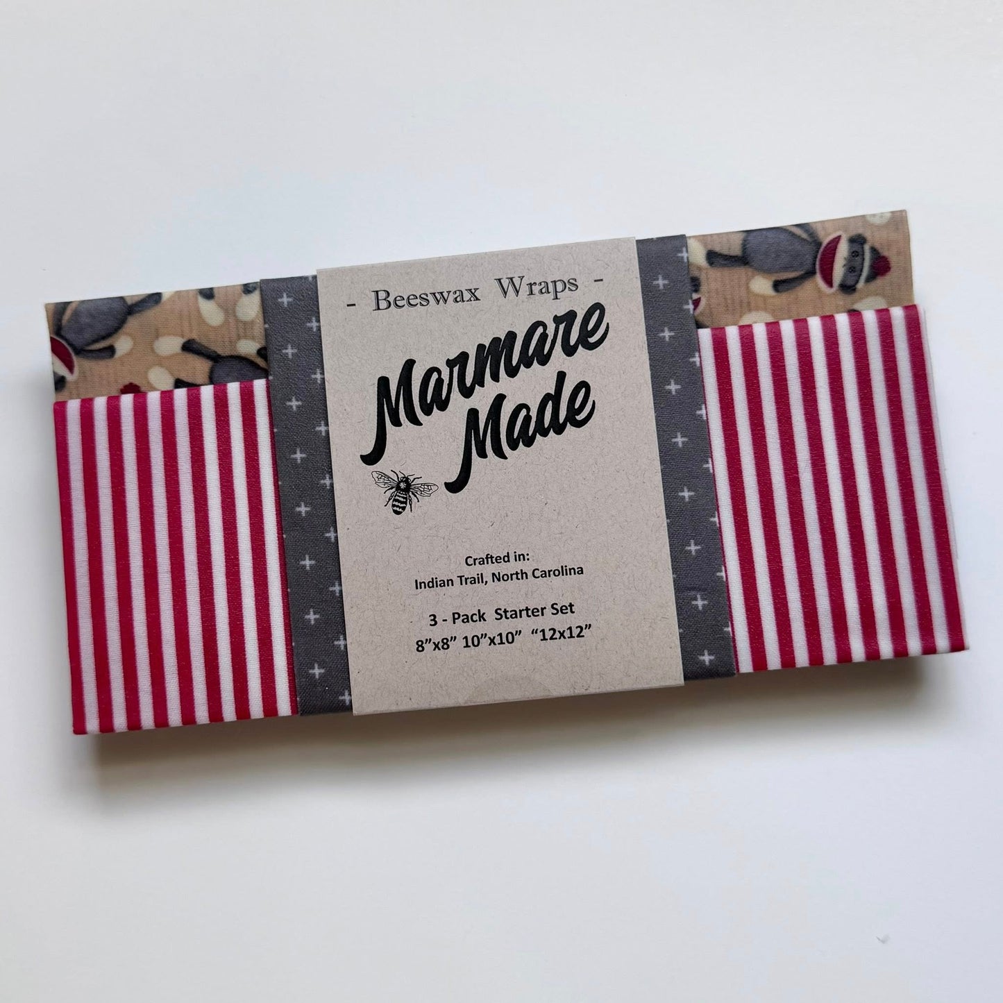 3 Pack Beeswax Wraps | Reusable Food Wraps | "Sock Monkey" pattern