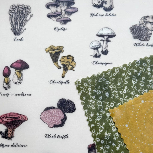 3 Pack Beeswax Wraps | Reusable Food Wraps | "Subtle Mushrooms" pattern