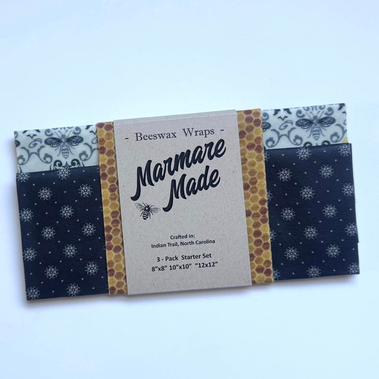 3 Pack Beeswax Wraps | Reusable Food Wraps | "Bee Damask" pattern