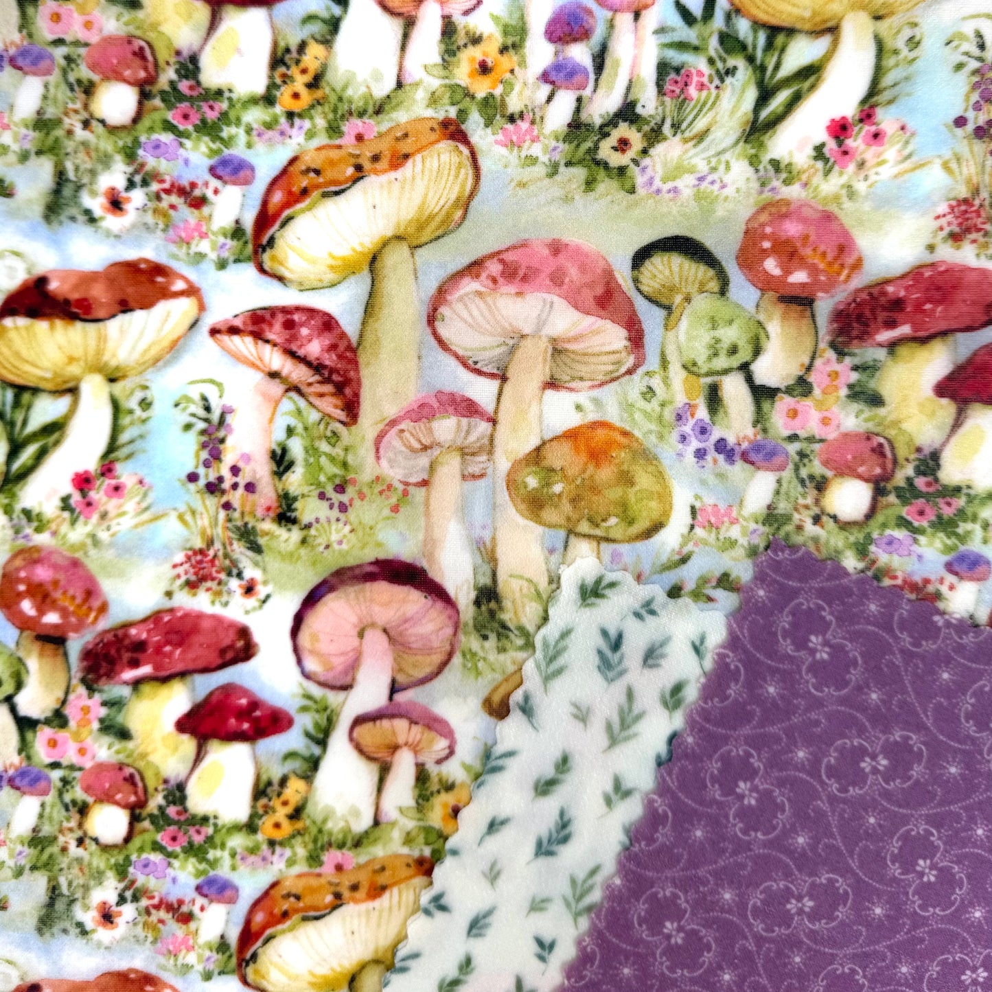 3 Pack Beeswax Wraps | Reusable Food Wraps | "Mushroom: Flower Field purple” pattern.
