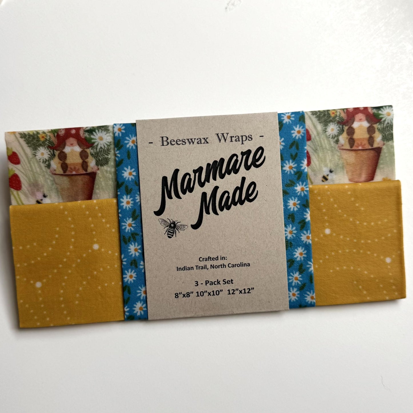 3 Pack Beeswax Wraps | Reusable Food Wraps | "Gnomes: Love Grows" pattern